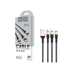 Hoco 3 in 1 Charging Cable X26 Express USB-A to (Lightning+Micro+Type-C) 2A 1M Black/Gold Hoco 3 in 1 Charging Cable X26 Express USB-A to (Lightning+Micro+Type-C) 2A 1M Black/Gold